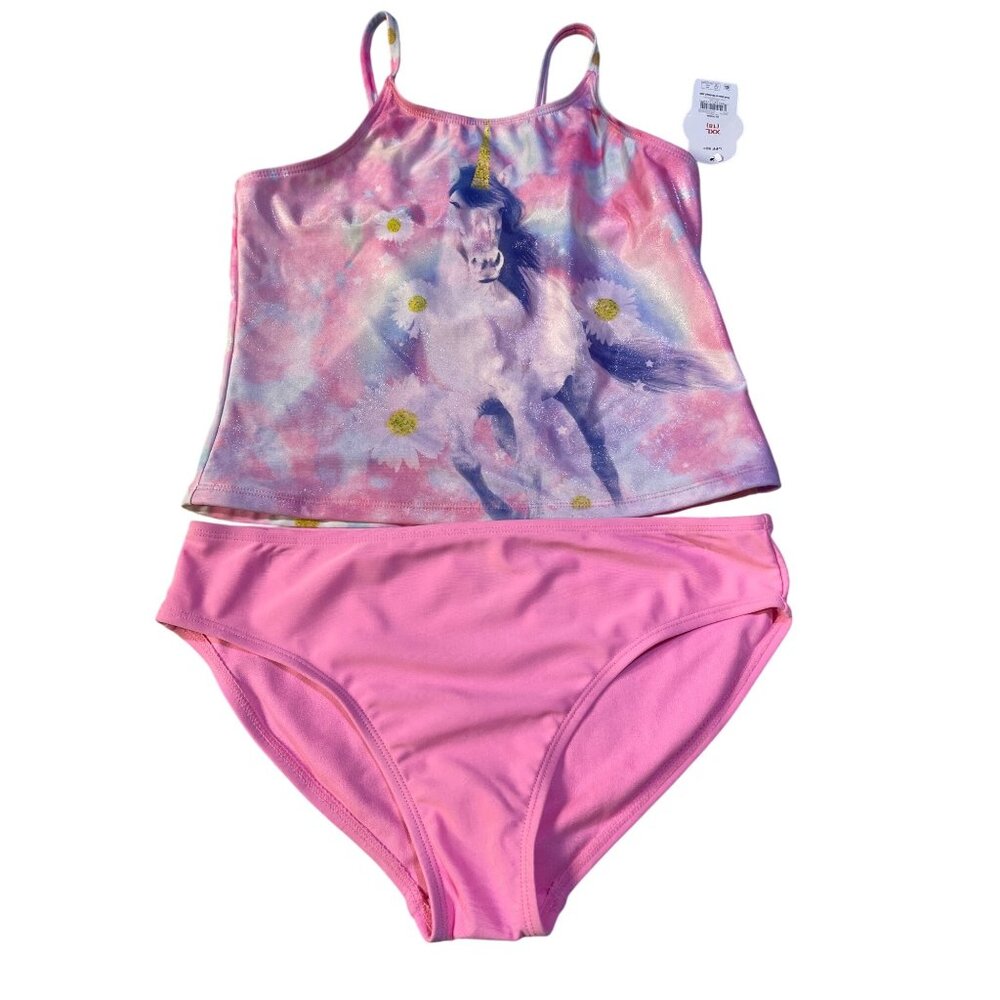 Wonder Nation Girls XXL (18) Unicorn Print Pink Tankini Swimwear UPF 50+